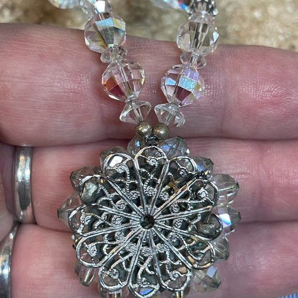 REPURPOSED vintage BROOCH clear faceted crystal glass bead NECKLACE artisan made - Picture 6 of 8